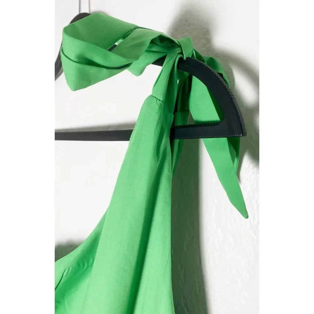 Lalavon Women's Green One Shoulder Tie Dress Midi Tiered Summer Vacation Flowy L